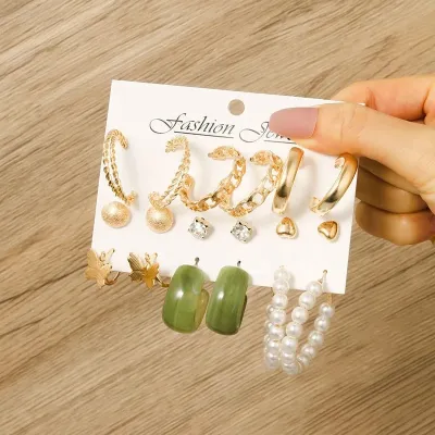 Golden Butterfly Pearl Crystal Earrings Set (9 pairs)
